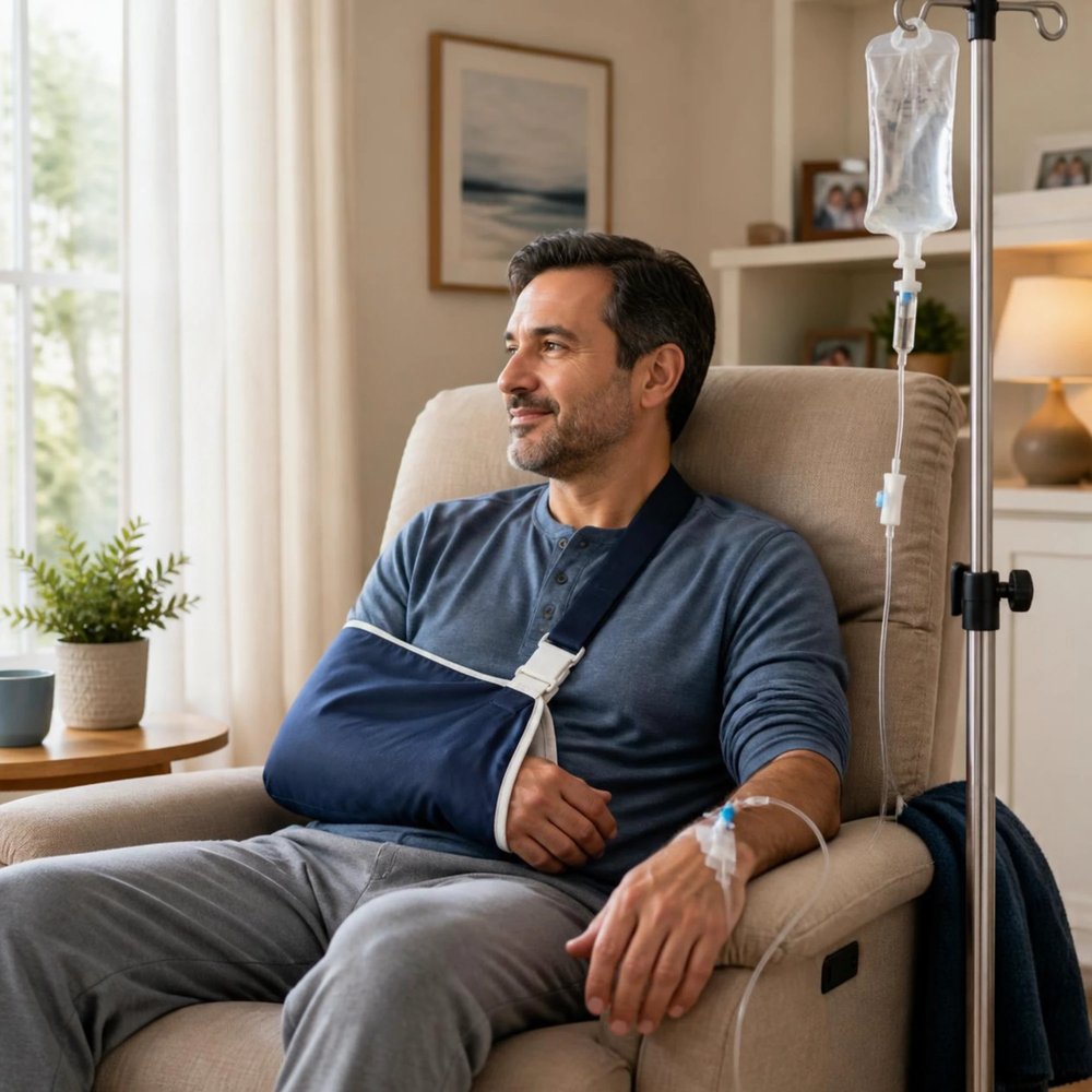 A smiling man with his arm in a sling relaxes in a recliner at home, receiving an IV infusion from a drip stand beside him